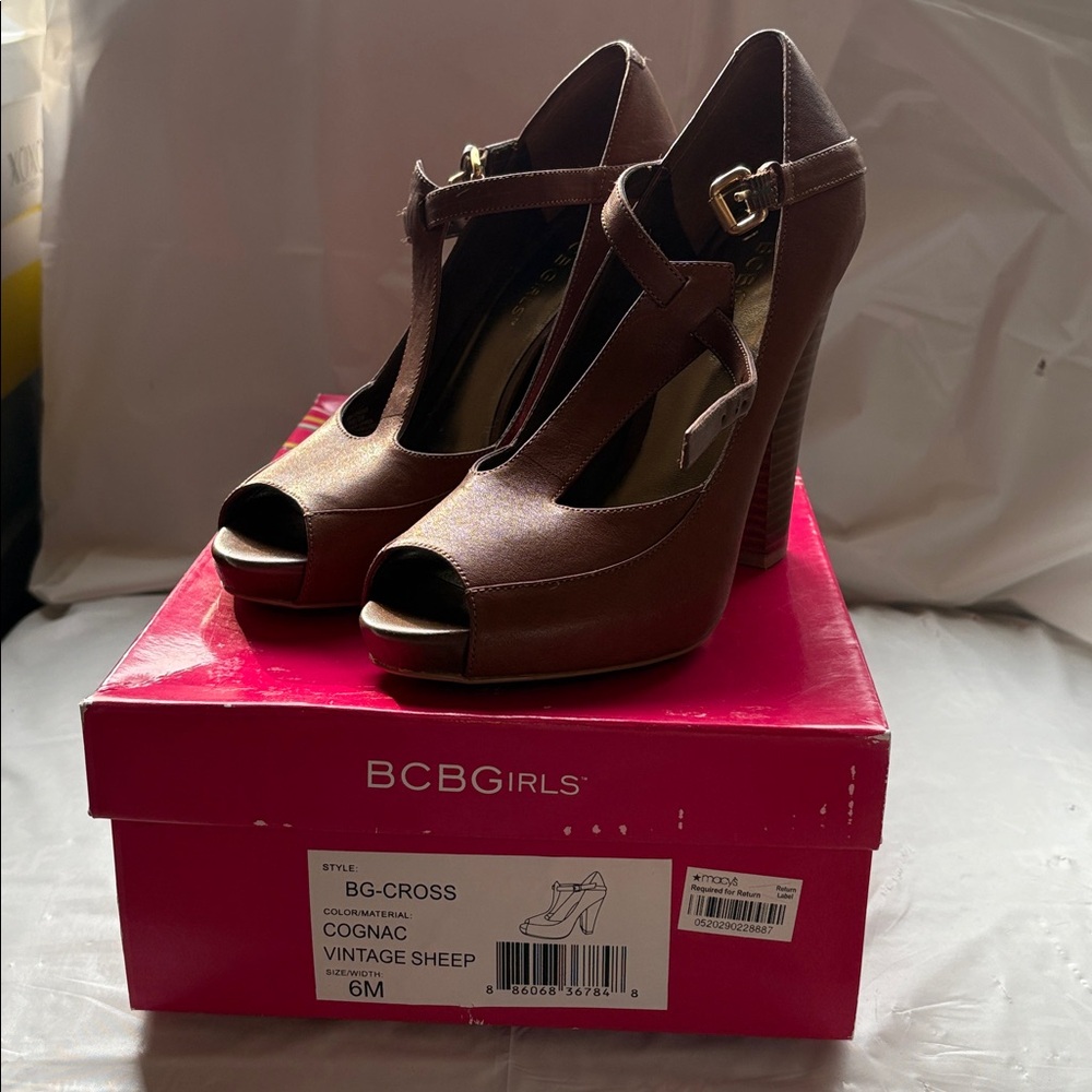 BCBGirls Cognac Peep Toe Heels